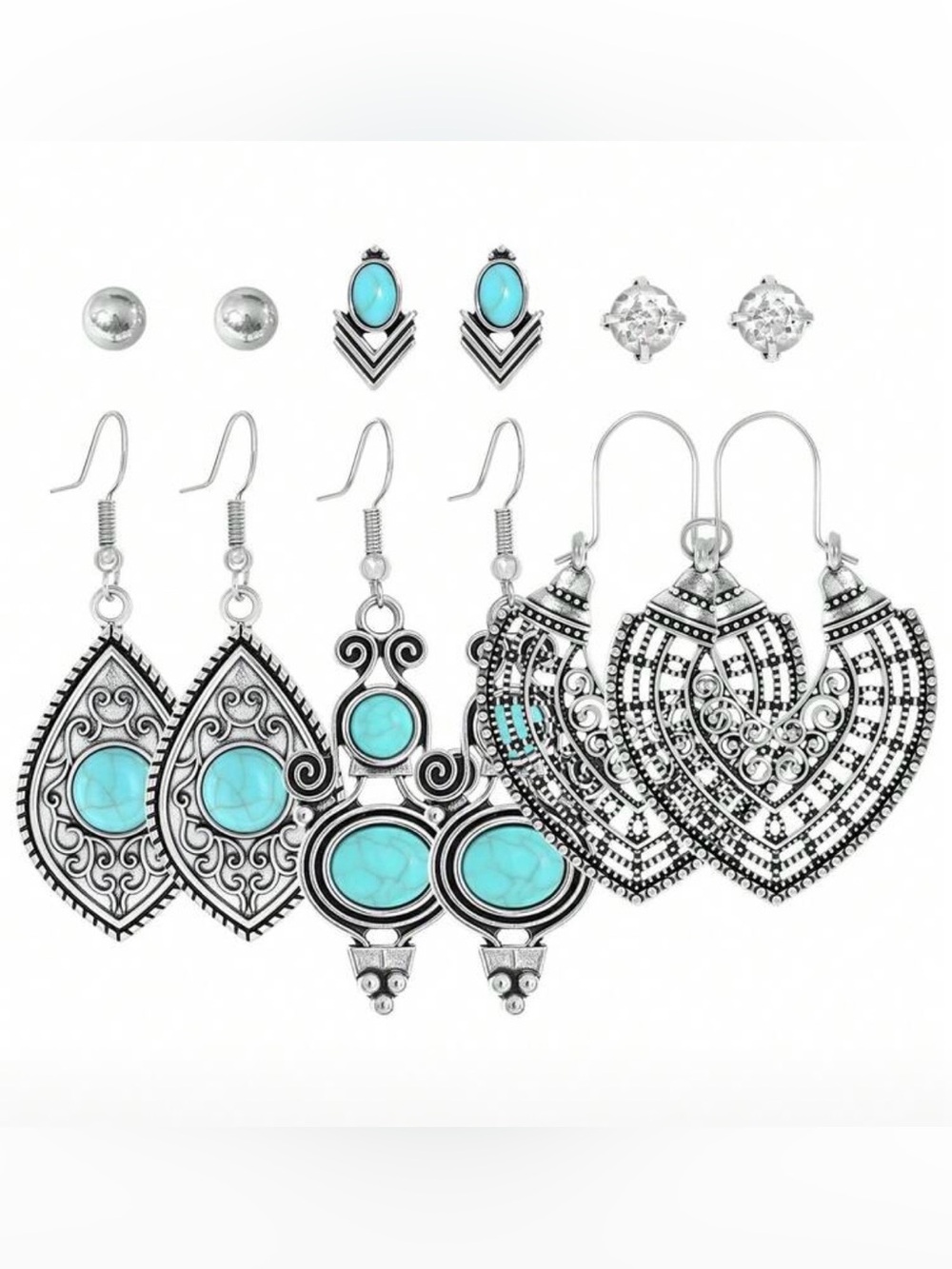 Silver-Tone faux Turquoise Accent Earring 6 piece Set - Women Jewelry